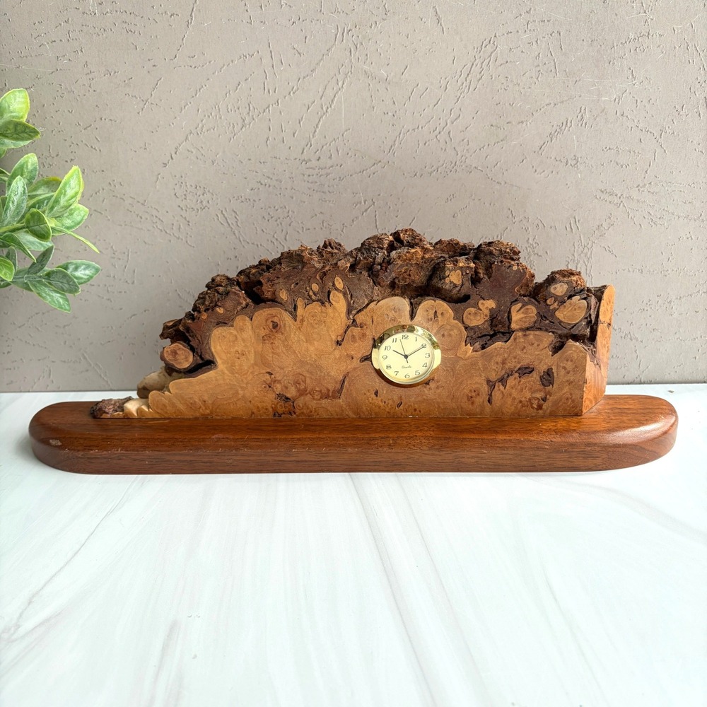 Vintage Live Edge Burl Wood Mantle Desk Clock Quartz Movement Rustic Decor